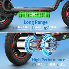 Electric Scooter 48V 13Ah Battery 500W Motor Recommended Top Speed 25KM/H 12inch Pneumatic Tires 30KM Max Mileage 120KG Max Load Folding E-Scooter