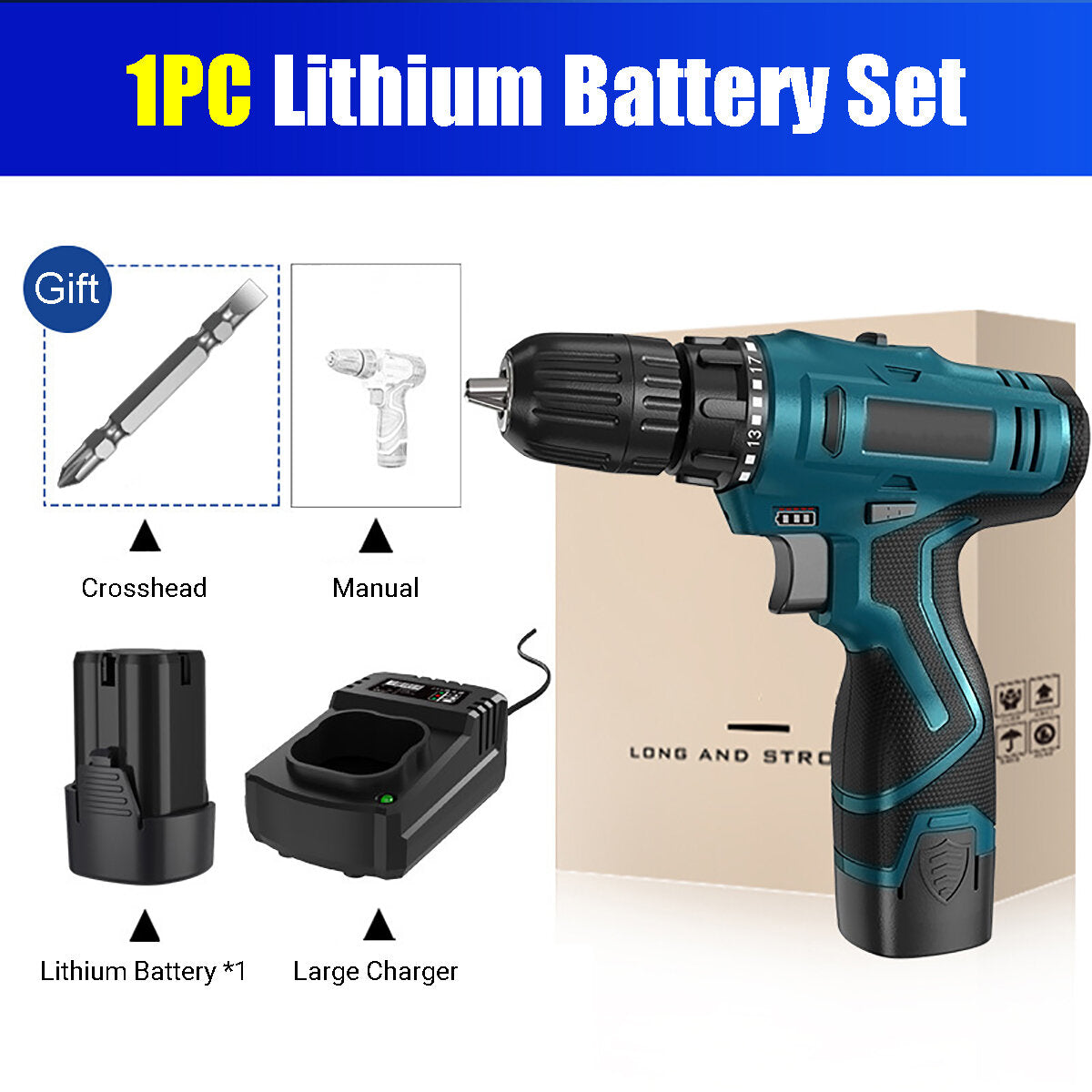 16.8V 3/8" Impact Drill 1350rpm 2 Speeds LED Cordless Drill Driver Kit w/ Li-Ion Battery & Charger
