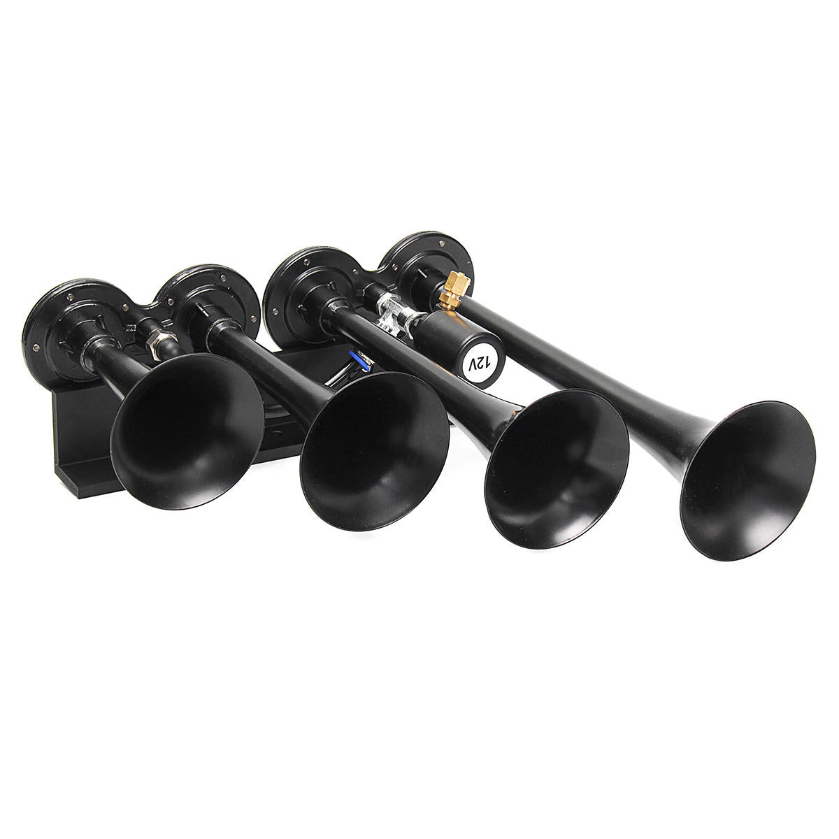 12V Loud 149dB Four Trumpet Train Air Horn Metal Black For Car Truck Boat