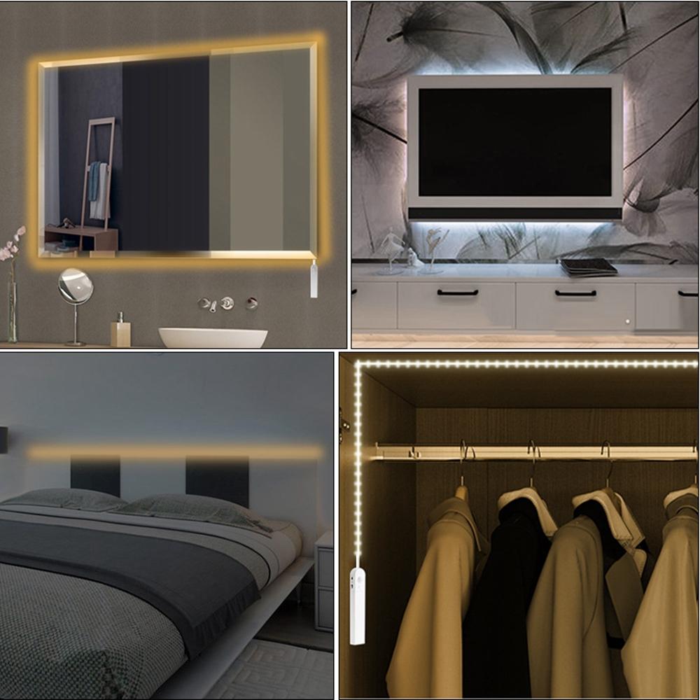 Battery Powered 1M 2M PIR Motion Sensor Activated Dimmable LED Strip Light for Cabinet Wardrobe