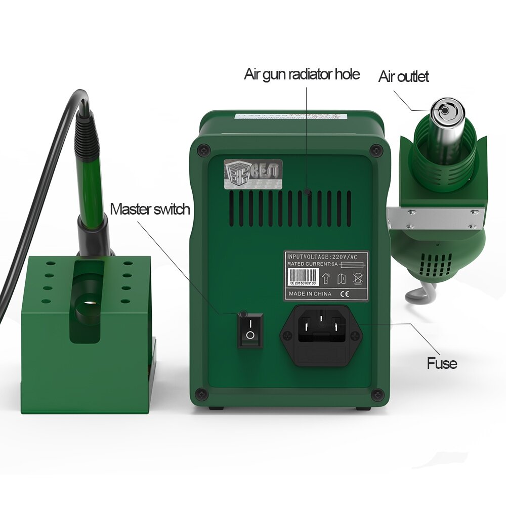 2 in 1 110V/220V Digital Display Lead-free Hot Air Gun Soldering Rework Station with 3 Nozzles