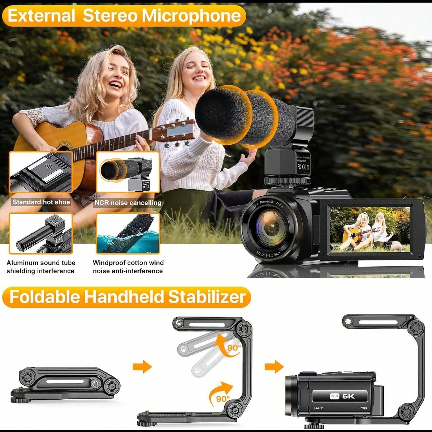 5K Ultra HD Digital Camera with 64MP, 16X Zoom, 3" Touch Screen, HDMI, WiFi Control, and Time-lapse Features