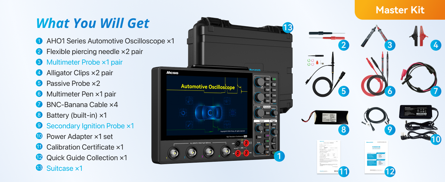 NEW Micsig AHO14-200 Automotive Oscilloscope 12bit 200MHz Bandwidth 1GSa/s Sampling Rate 4 Channels 110Mpts Memory 8 Inch Touch Screen
