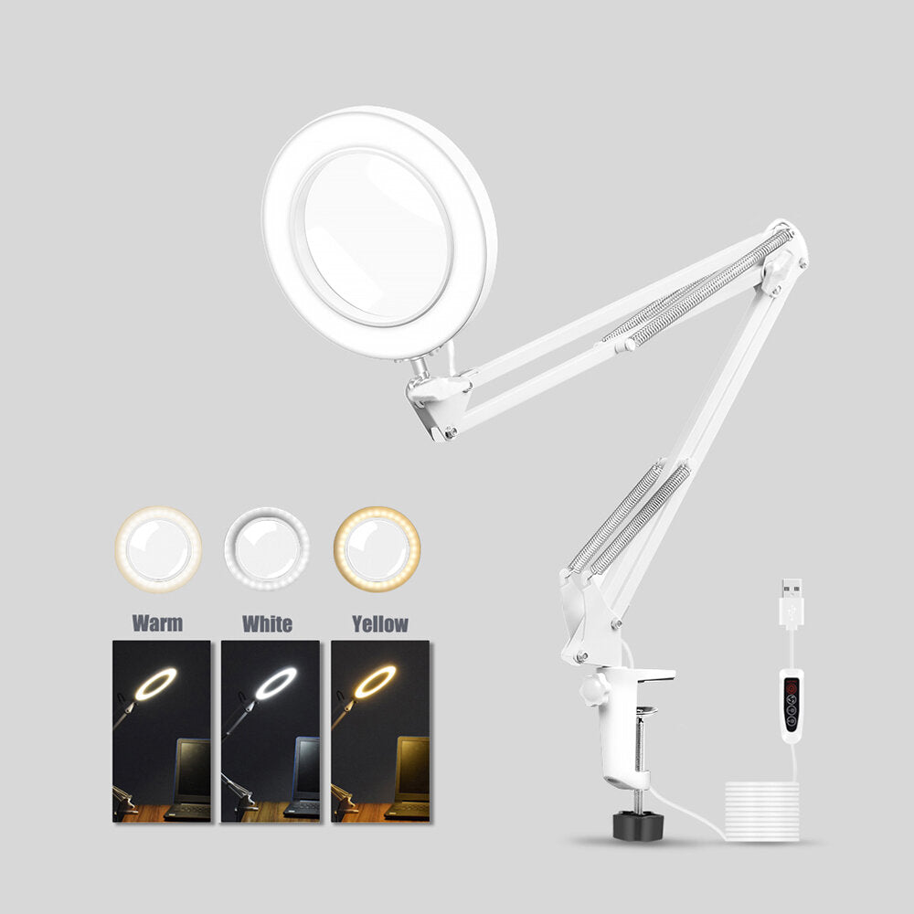 Flexible Desk Magnifier 5X USB LED Magnifying Glass 3 Colors Illuminated Magnifier