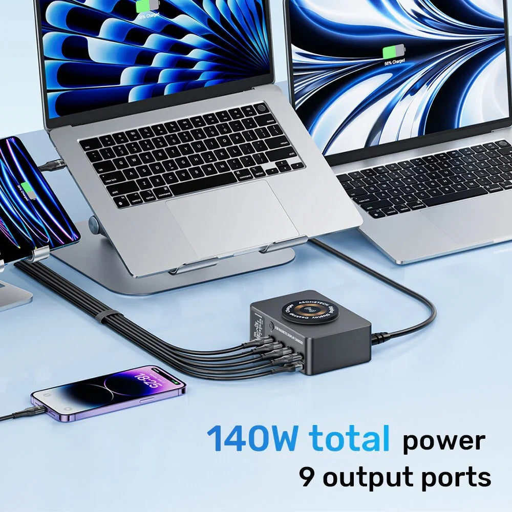140W 8-Port USB PD Charger, Black, 4 USB-A & 4 USB-C, 15W Wireless Charging, EU/US Plug, Durable ABS+PC