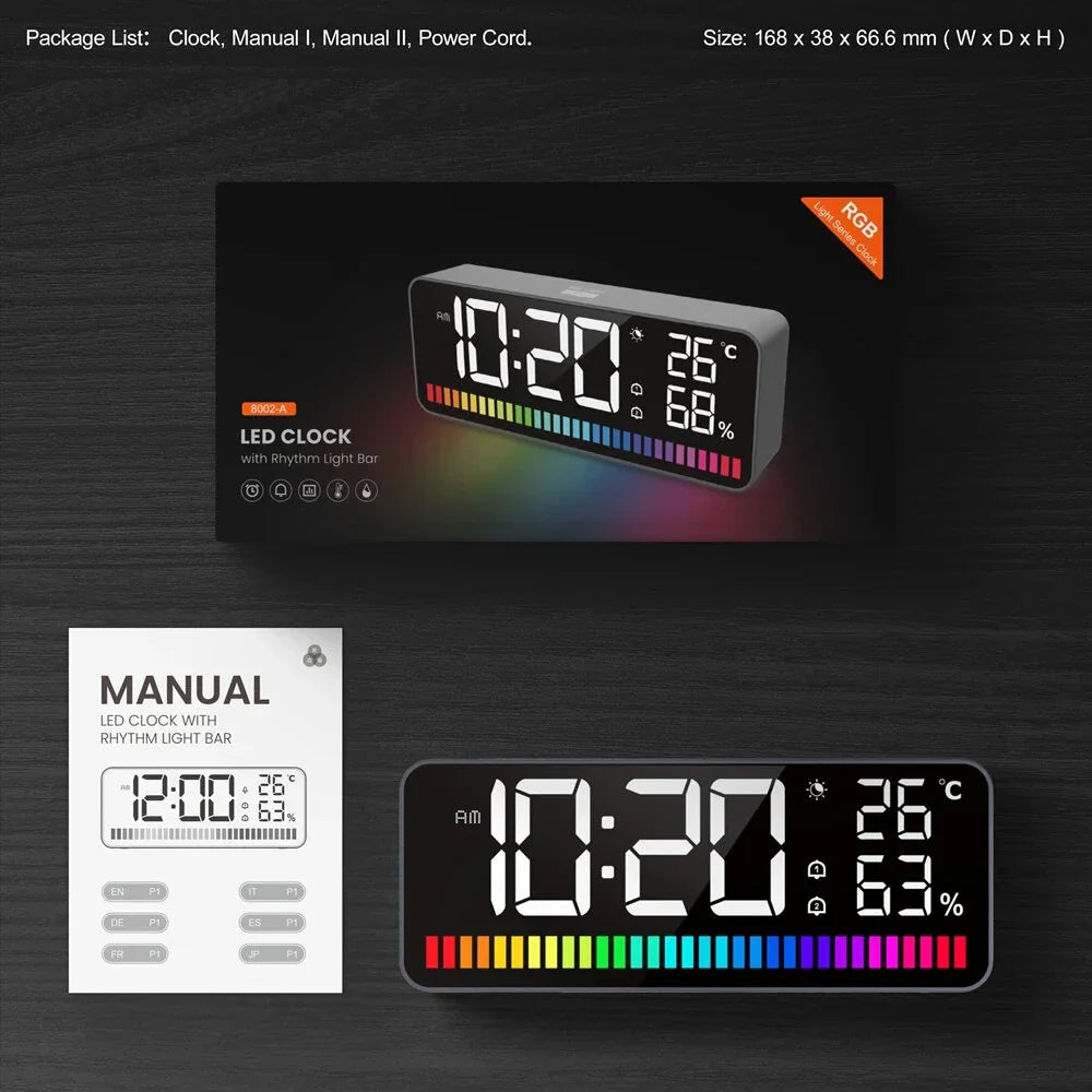 Multifunctional LED Rhythm Light Bar with Dual Alarm Clock, 15 RGB Colors, Sound Control, Night Light, Digital Thermometer, Hygrometer