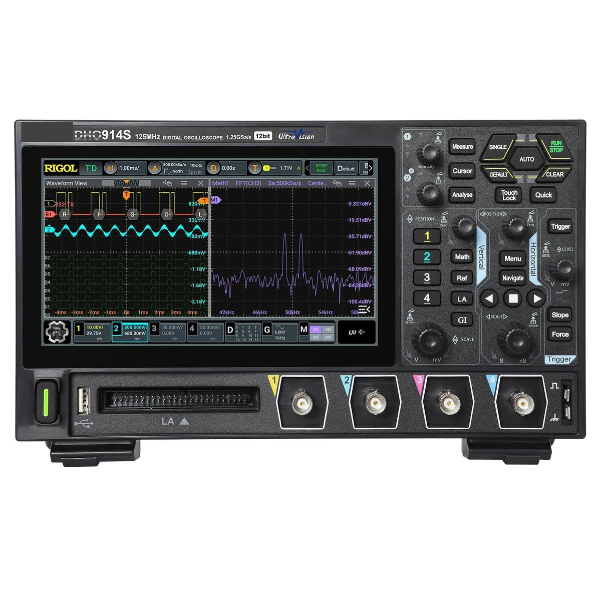 125MHz Digital Oscilloscope, 4 Channels, 12-Bit Resolution, 1.25GSa/s & Built-In Signal Generator