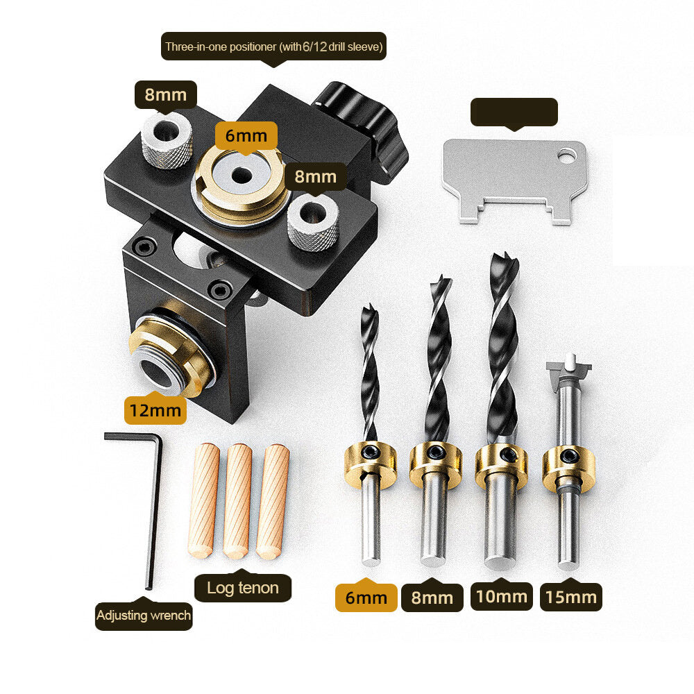 Three-in-One Woodworking Locator Tool - Durable 6061 Aluminum, Precision Markings, Clamping Range 0-52mm, Multiple Drill Sizes
