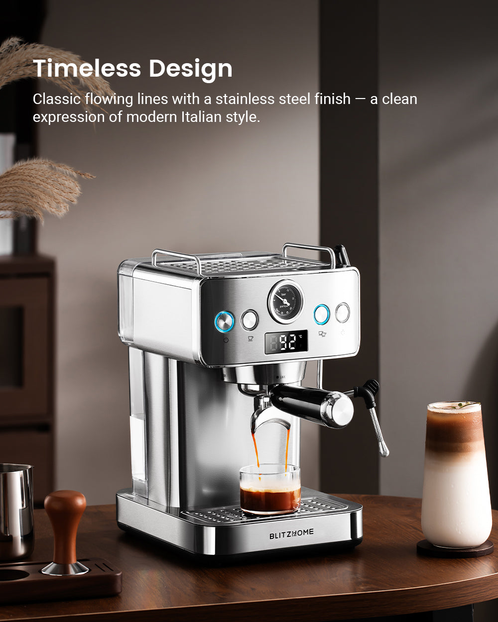Espresso Coffee Machine H10A 20Bar 1150W with Pressure Gauge PID & NTC 51mm Portafilter Manual Steam Wand