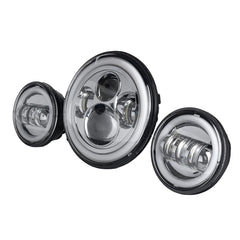 Motorcycle 7" LED Projector Headlight + 4.5" Passing Auxiliary Light With Aperture White And Yellow Bicolor