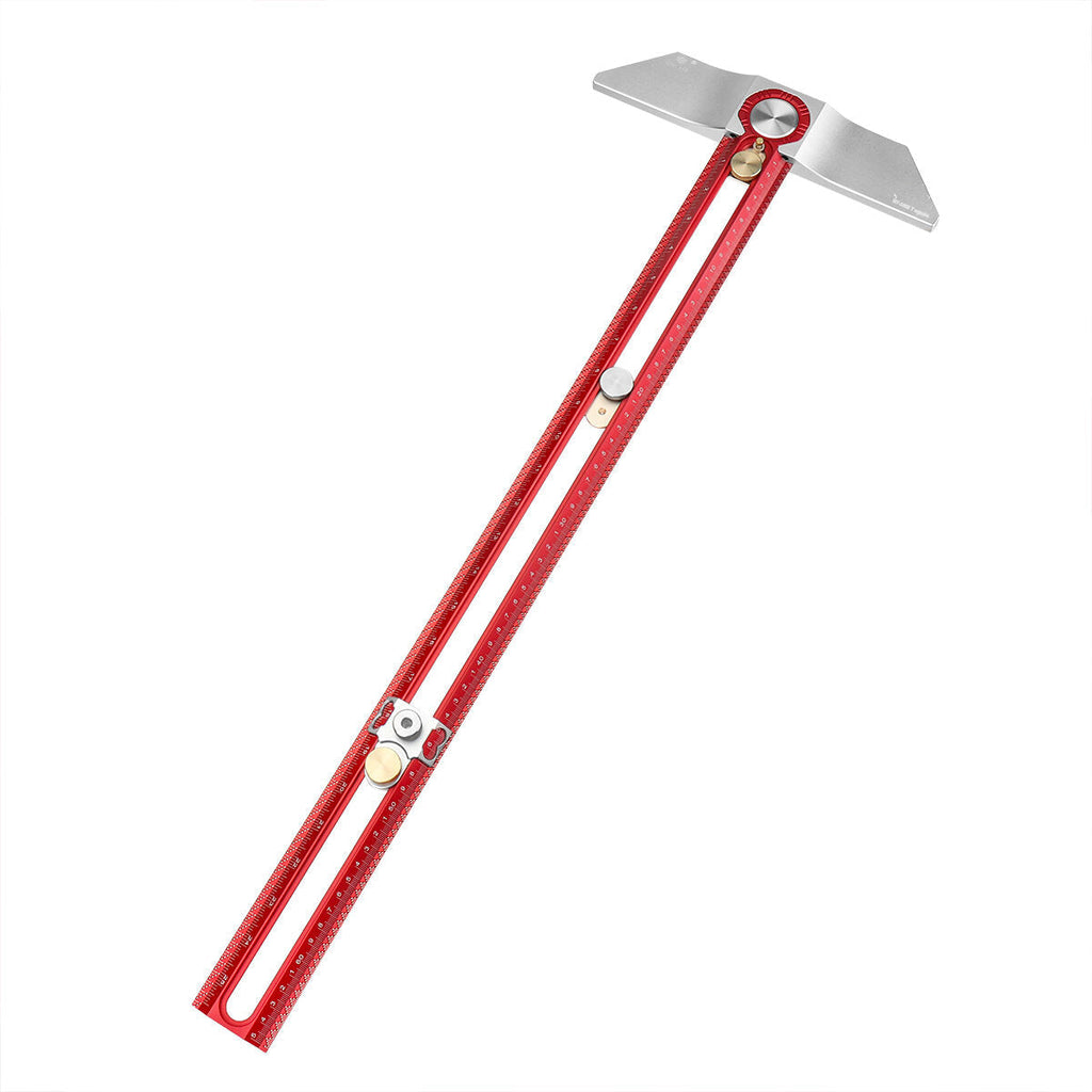 Metric Woodworking Line Scriber T-Square Ruler, Aluminum Alloy, 650mm, Hole Positioning Gauge, Red/Silver