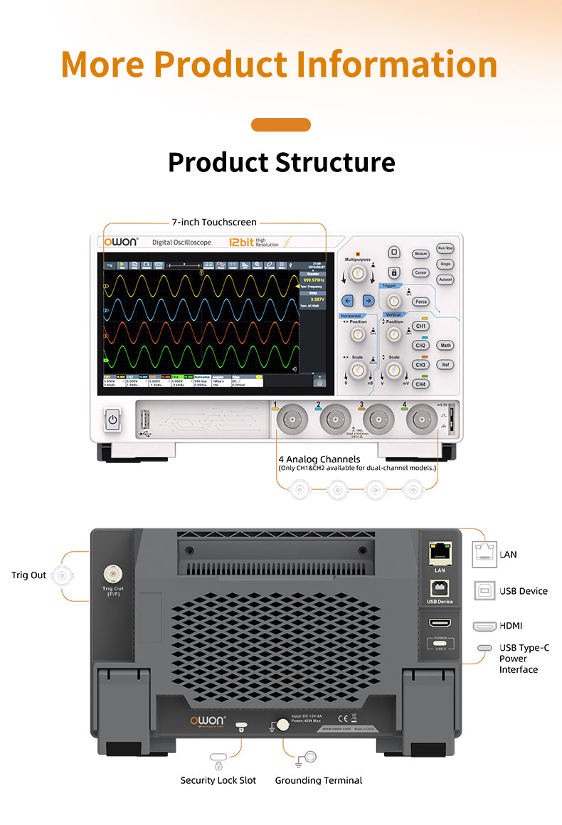 Digital Oscilloscope 2 Channels 1.25GSa/s 12-bit 7-inch Display USB HDM LAN Connectivity