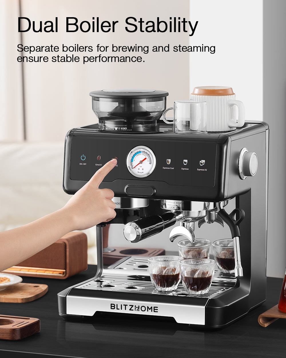 20-Bar 2200W Espresso Machine, Conical Burr Grinder, Dual Boiler & Pump, PID/NTC, Hot & Cold Brew, 58mm Portafilter & Steam Wand