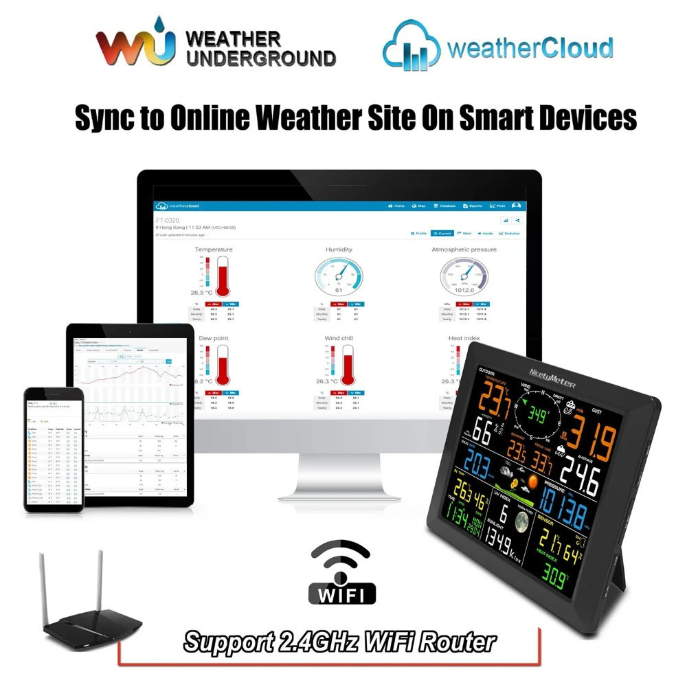7-in-1 WiFi Weather Station with Outdoor Sensor - Temp/Humidity/Pressure/Wind/Rain/Moon Forecast, Wireless Indoor Clock