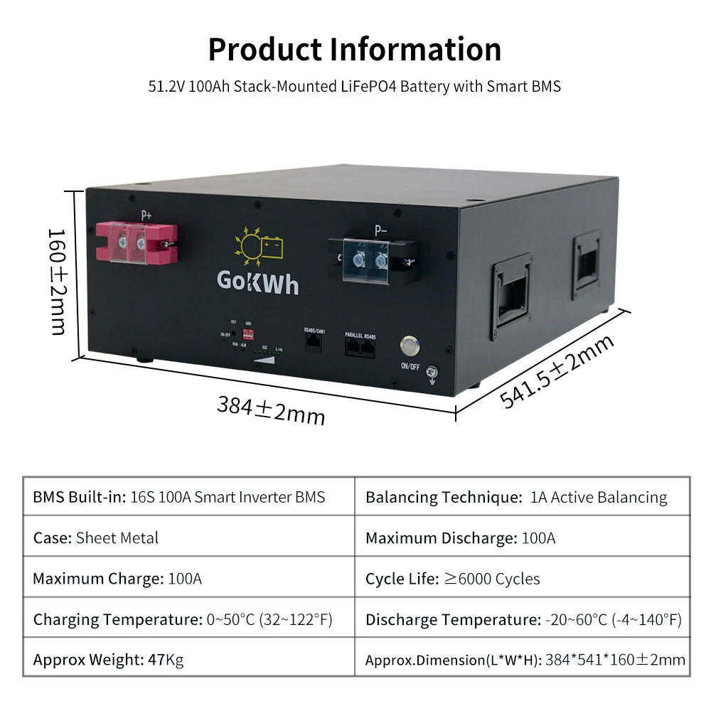 51.2V 100Ah 5120Wh LiFePO4 Energy Storage Battery with Bluetooth Built-in BMS for Home Backup RV and Camping