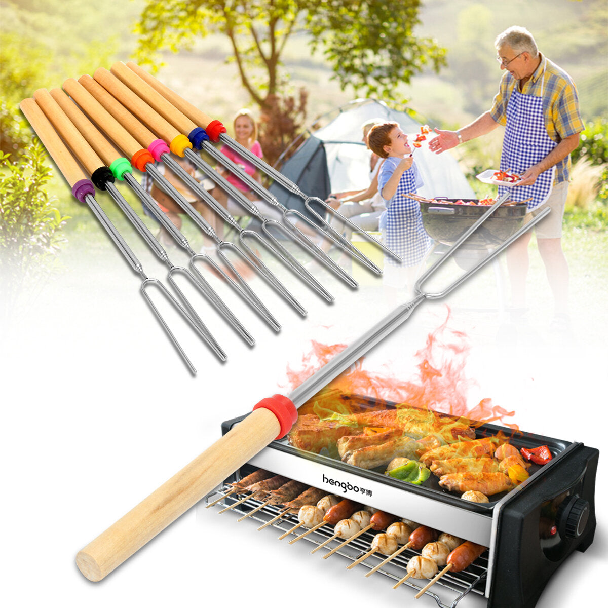 8 Pieces 32-Inch Colorful Telescopic Roasting Marshmallow Barbecue Skewers BBQ Stick Fork BBQ Tools