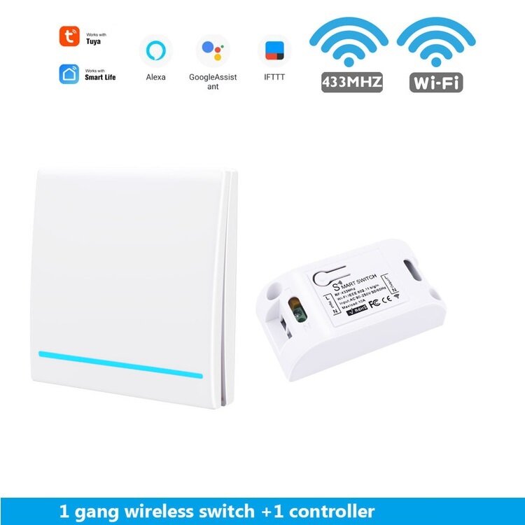 White 433Mhz Smart Push 1Gang Wireless Switch Light + 1 RF Remote Control