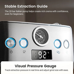 Espresso Coffee Machine H10A 20Bar 1150W with Pressure Gauge PID & NTC 51mm Portafilter Manual Steam Wand