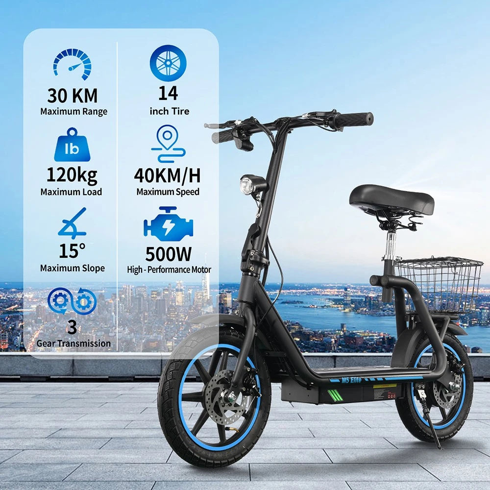 Electric Scooter 48V 13Ah Battery 500W Motor Top Speed 20KM/H 14inch Tires 30KM Max Mileage 120KG Max Load Folding E-Scooter