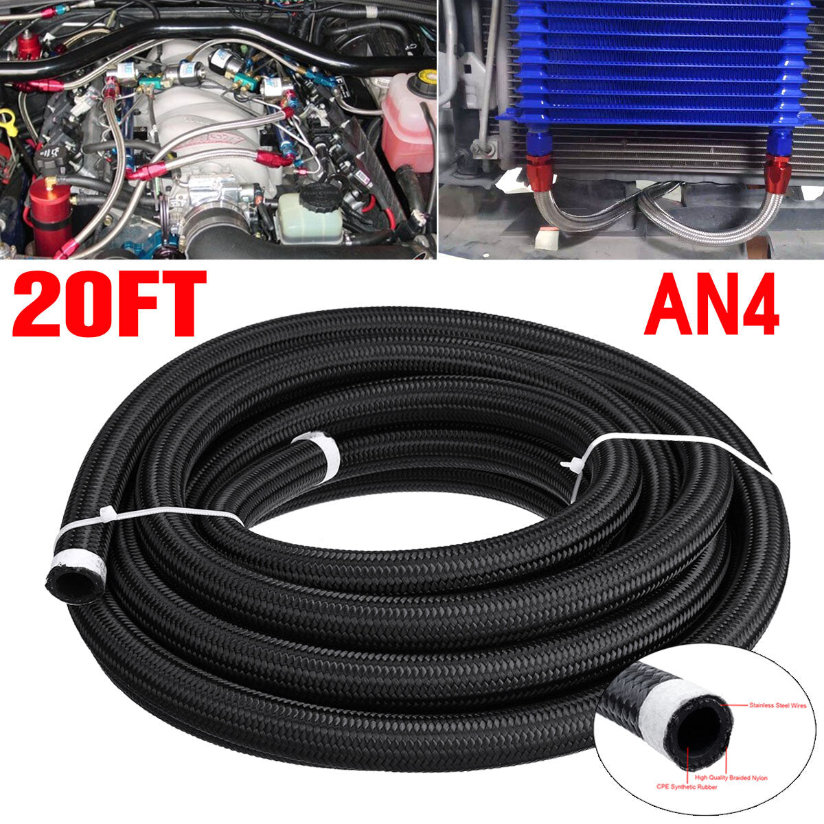 20FT AN4 AN6 AN8 AN10 Fuel Hose Oil Gas Line Pipe PTFE Nylon Stainless Steel Hose