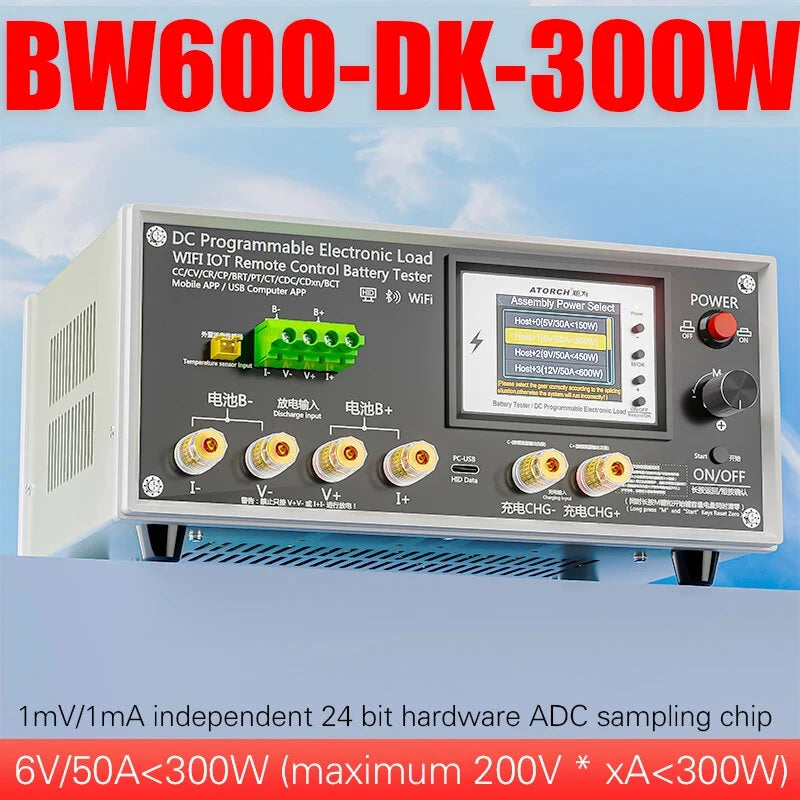 Electronic Load Tester 150/300/450/600W WiFi Tuya 0-200V 50A Battery Capacity Monitor Programmable Discharge Tool IPS Display High Precision Bluetooth Connection
