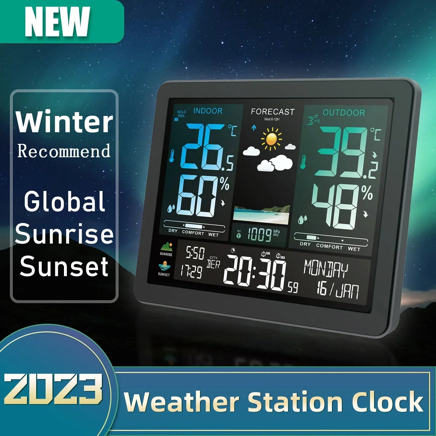 Weather Station Alarm Clock Wireless Indoor Outdoor Thermometer with Atomic Clock Forecast Station with Calendar and Adjustable Backlight