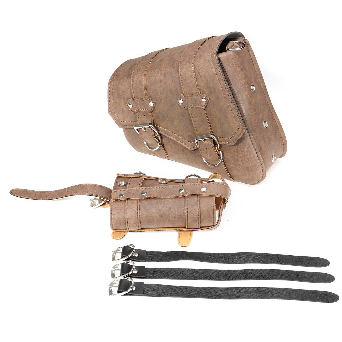 Vintage Brown PU Leather Left /Right Side Pannier Saddlebags W/ Bottle Holder