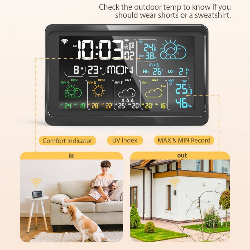 WiFi Weather Station Alarm Clock - Wireless Indoor/Outdoor Thermometer, Works with Tuya/Smart Life, 12/24H, Date/Week Display
