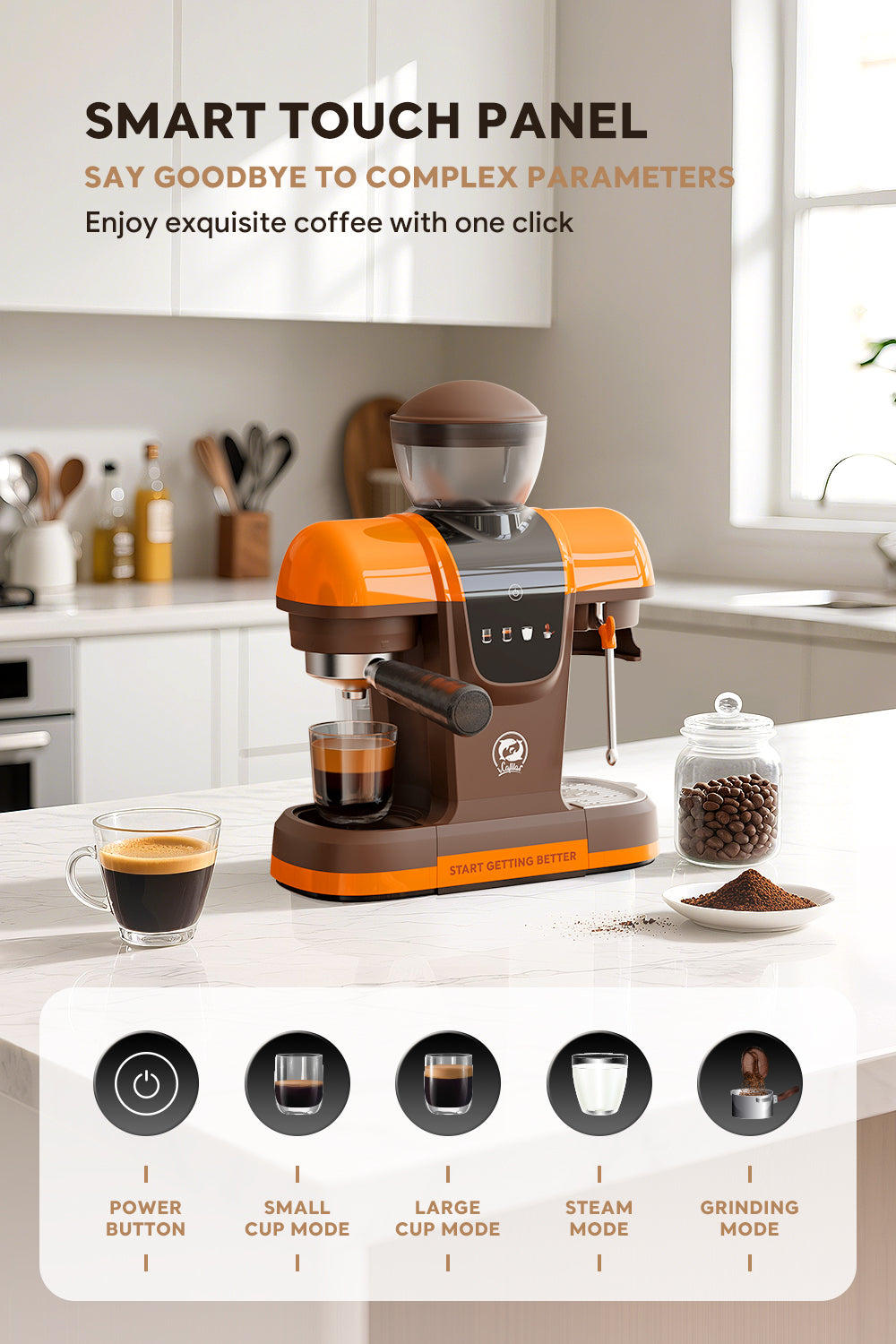 Semi Automatic Espresso Coffee Machine 19Bar with Built-in Grinder Pre-infusion System High-pressure Extraction Touch Panel Control