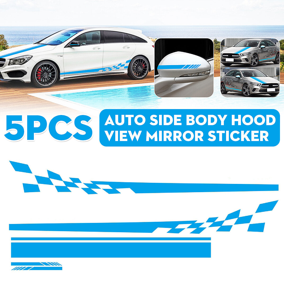 5pcs Car Stickers Stripes Graphics Side Body Hood Rearview Mirror Decal Trim
