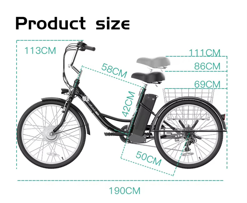 Electric Tricycle 36V 15AH Battery 350W Motor Recommended Top Speed 25KM/H 24inch 30-70KM Max Mileage 200KG Max Load Electric Tricycle