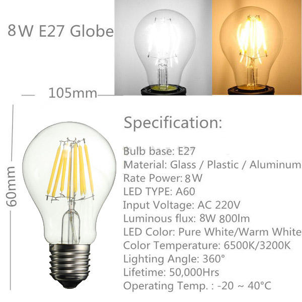 LED 8W Retro Filament Light White/Warm White Tungsten Globe Lamp Bulb AC 220V