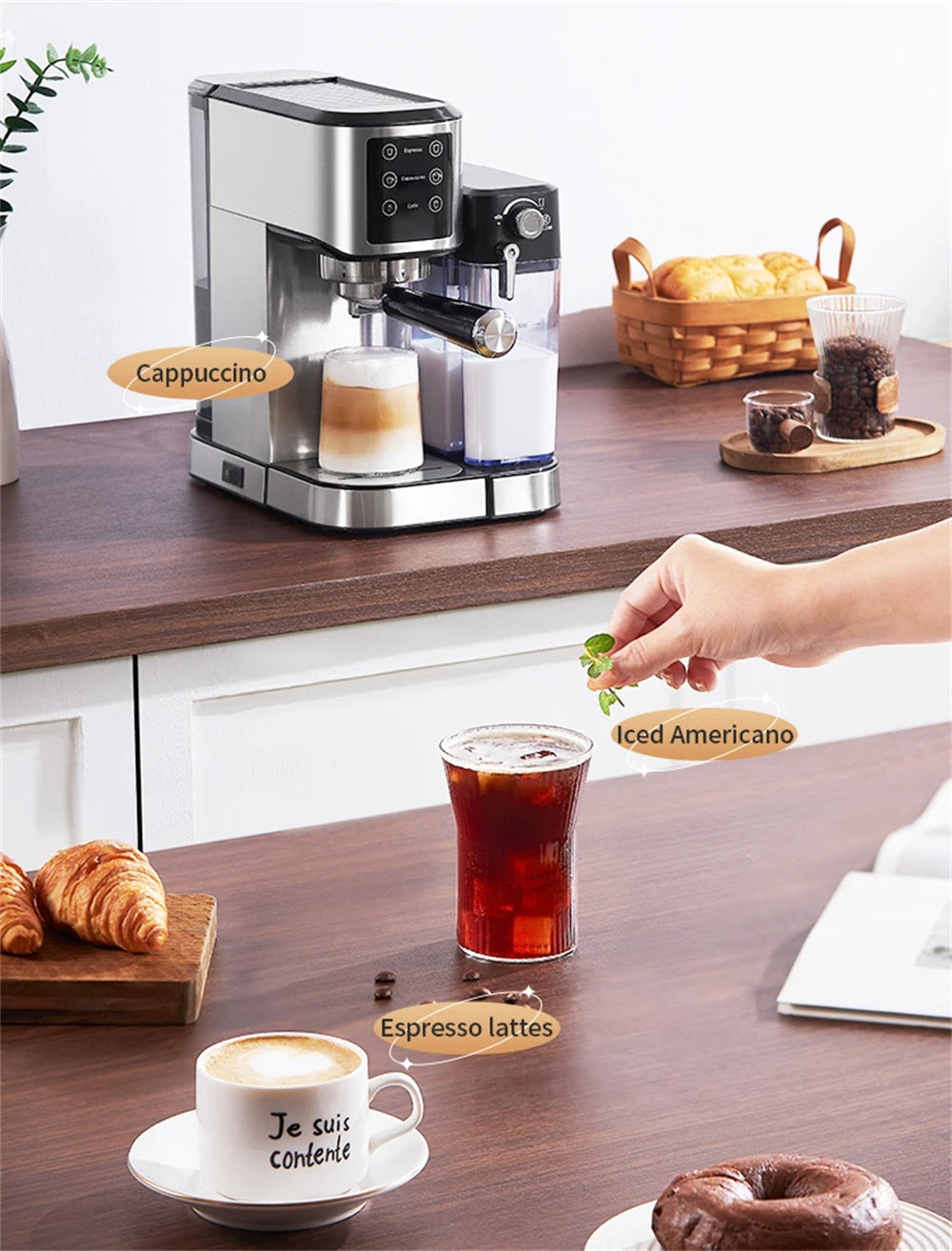 20Bar Semi-Automatic Coffee Machine with Auto Milk Frother One-Touch Operation for Espresso Cappuccino Latte