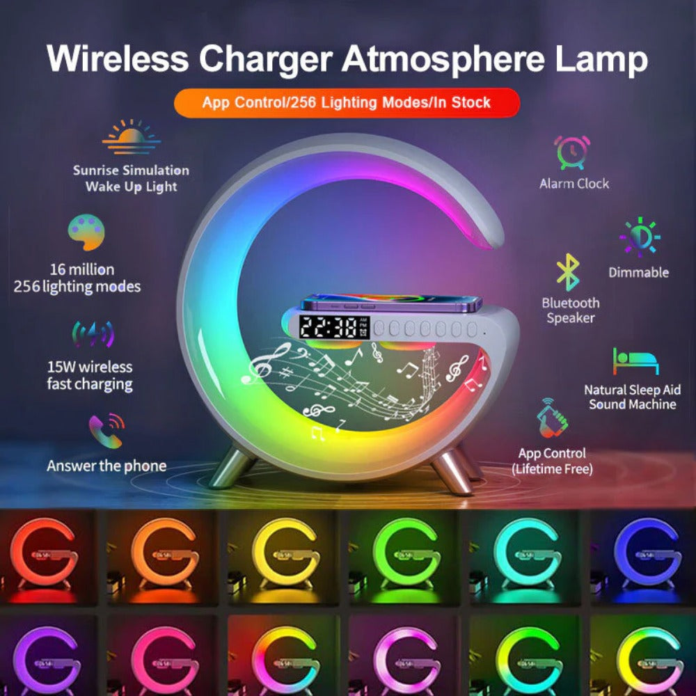 Multi-Function Wireless Charger with 15W Output, 10W LED, 3W Bluetooth Speaker, 256 Lighting Modes, Black/White/Grey