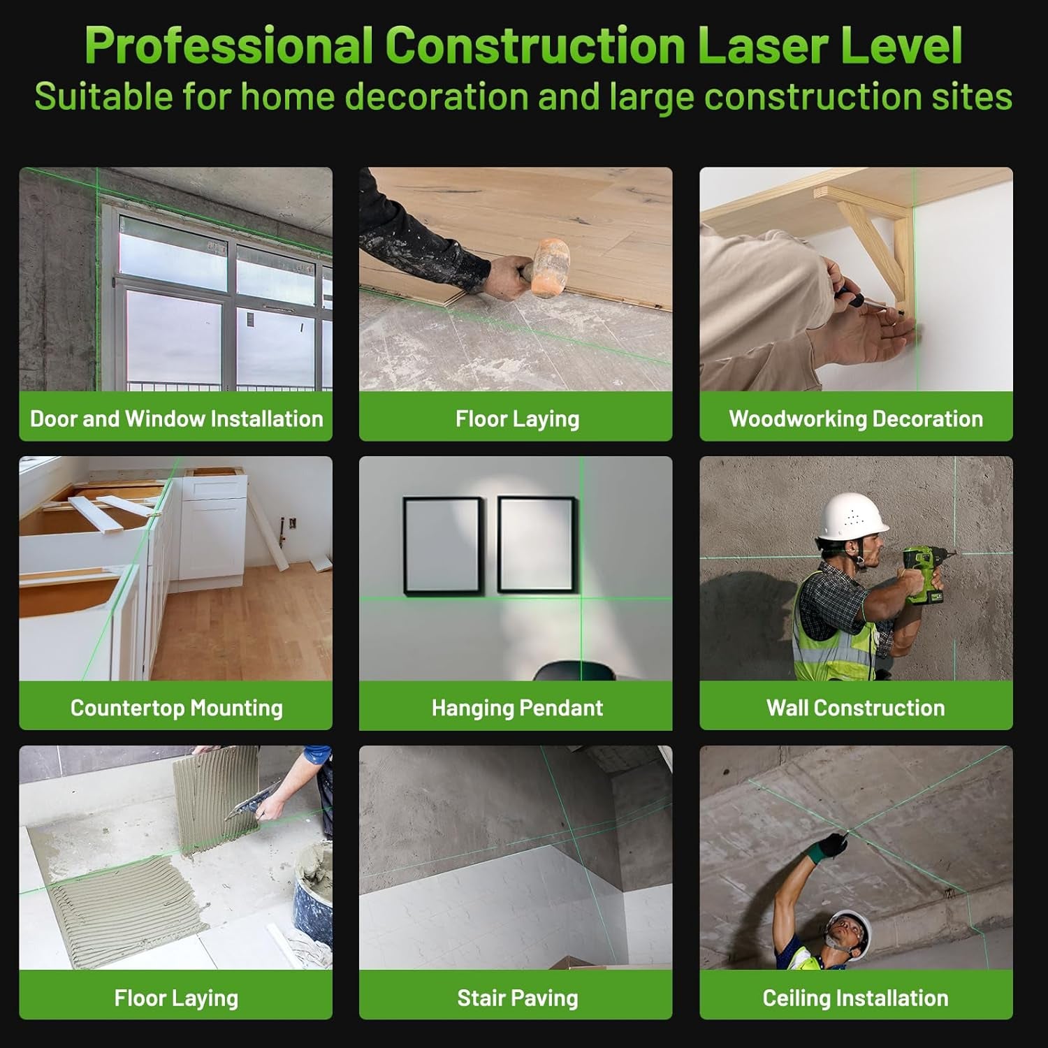 3D 12-Line / 4D 16-Line Green Laser Level, Bluetooth Control, Self-Leveling, LCD, Rechargeable Battery & IP54 Protection