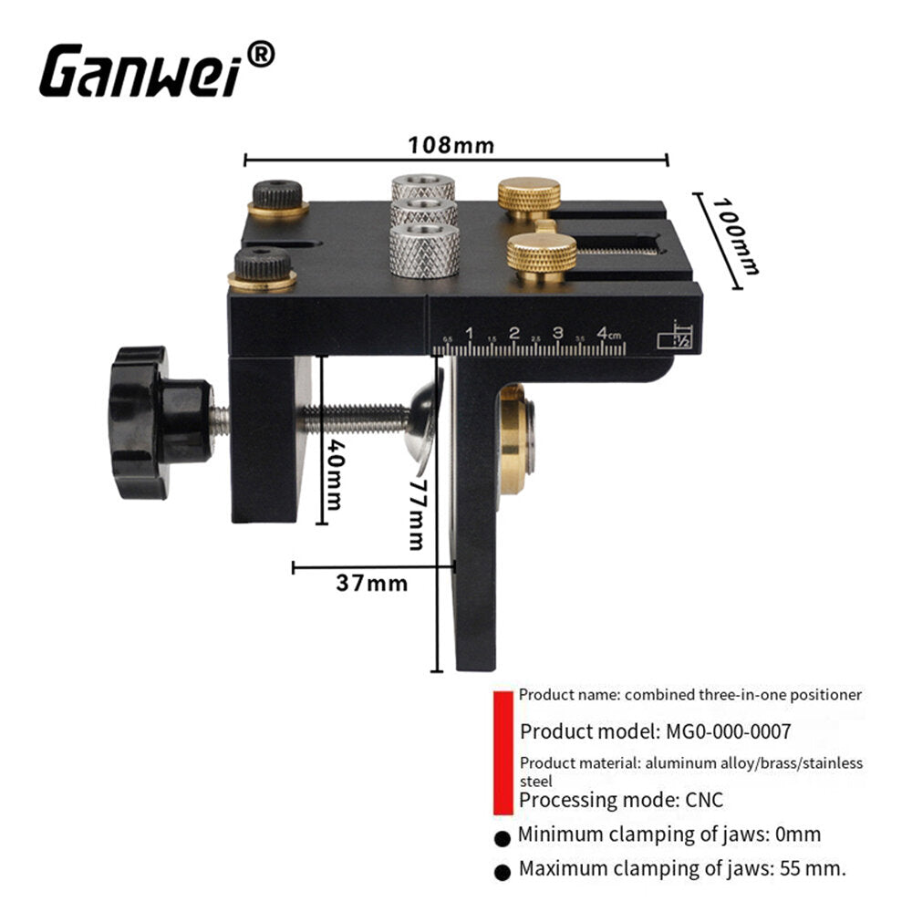 Combined Three-in-One Locator for Woodworking - Durable CNC Tool with Adjustable Vice Jaw (0-55mm)