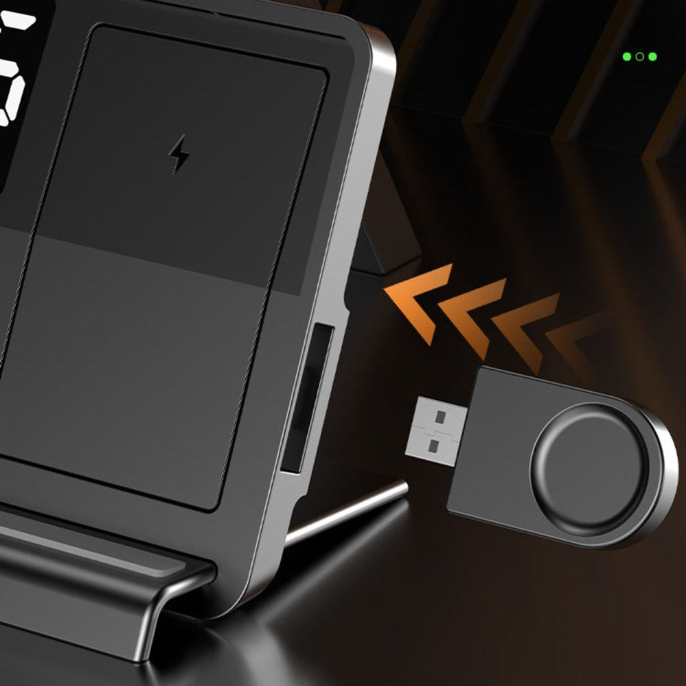 Multifunctional 4-in-1 Wireless Charger Station for Phones, Apple Watch & Earbuds - Fast Charging, Black, ABS Plastic