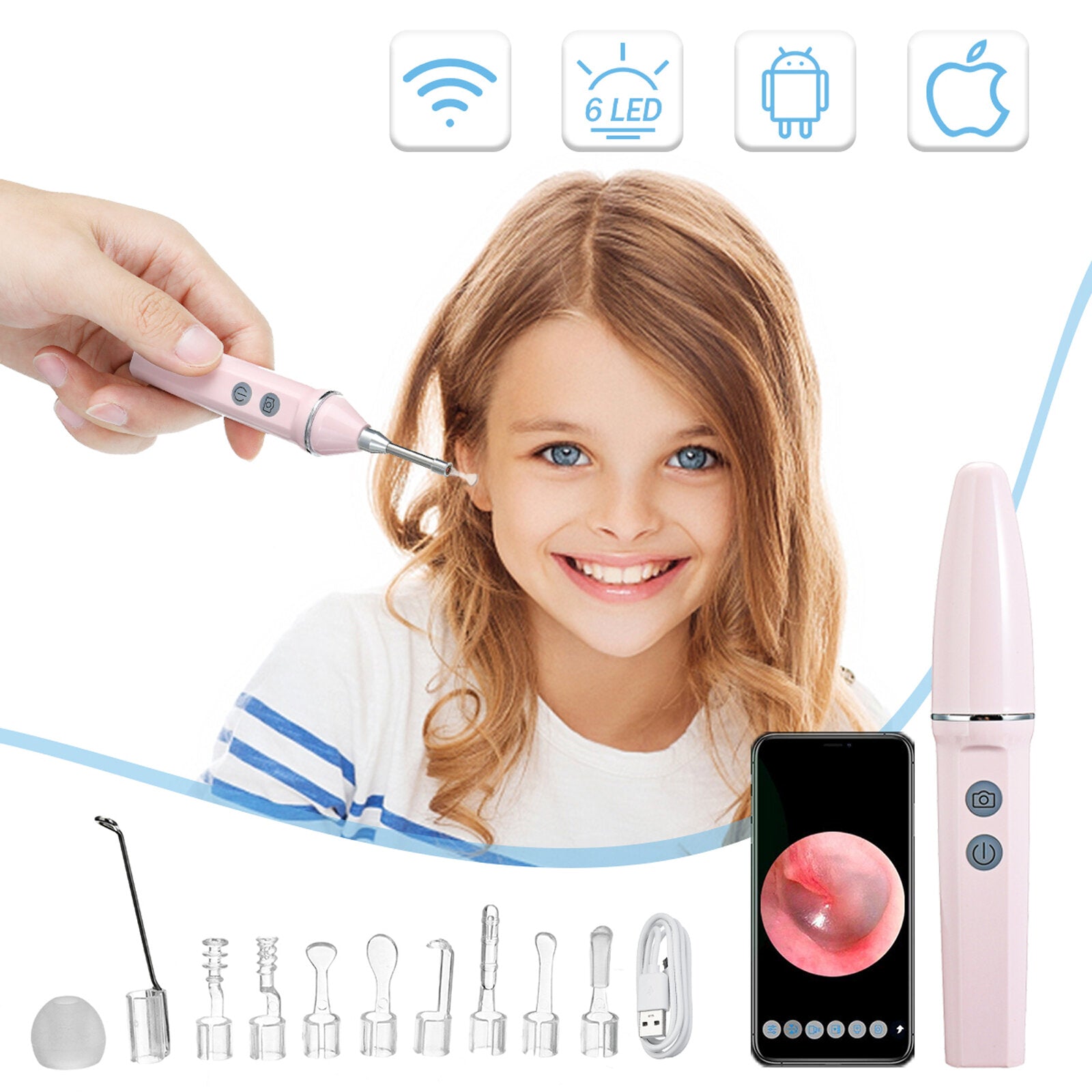 3.9mm HD WIFI Wireless Otoscope IP67 Waterproof LED Ear Camera Endoscope USB Charging Earwax Removal Tools Set