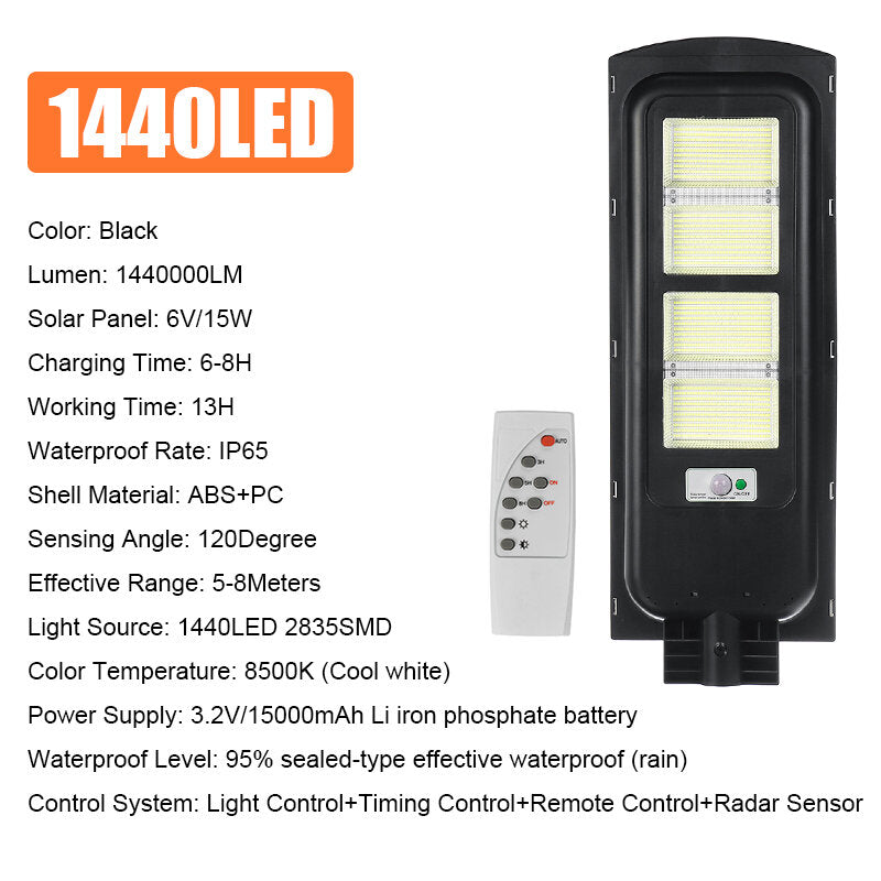 360/720/1080/1440LED Solar Street Light Timing Control Light Control Waterproof IP65 Remote Control