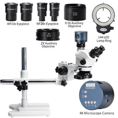 3.5X-200X Magnification Simul-Focal Trinocular Stereo Microscope 4K HDM Camera 144 LED Ring Light Metal Boom Stand Precision Imaging
