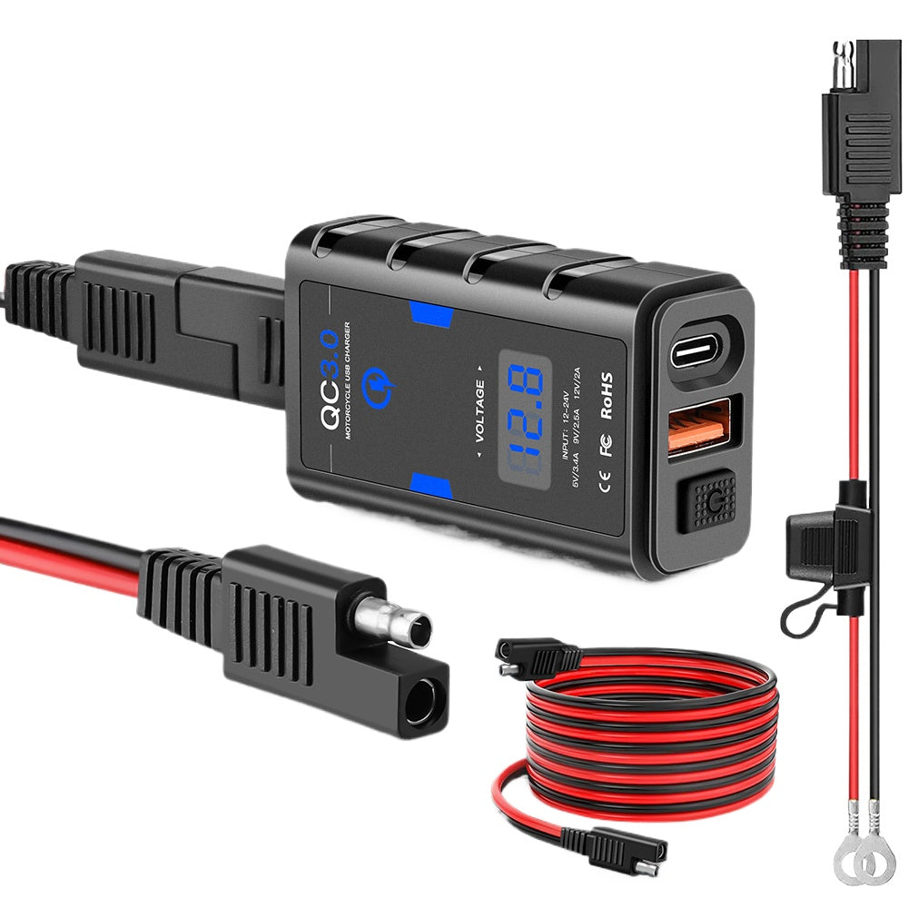 6.8A QC3.0 Waterproof Motorcycle USB Charger - Dual Ports, Quick Charge, LED Voltmeter, SAE Extension Cord Included