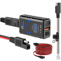 6.8A QC3.0 Waterproof Motorcycle USB Charger - Dual Ports, Quick Charge, LED Voltmeter, SAE Extension Cord Included