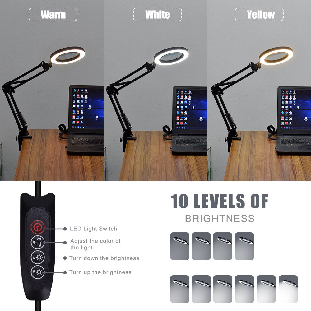 Flexible Desk Magnifier 5X USB LED Magnifying Glass 3 Colors Illuminated Magnifier