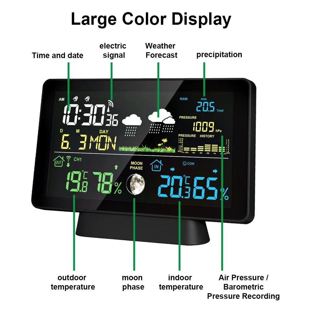 Multi-Function Wireless Weather Station - Indoor/Outdoor Thermometer with Rain Gauge, Humidity, Pressure & Color Screen Alarm Clock