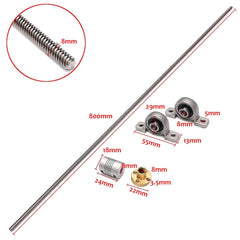 T8 800mm Stainless Steel Lead Screw Set with Shaft coupling and Mounting Support