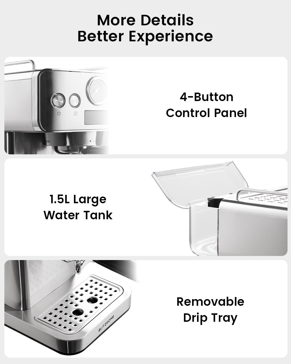 Espresso Coffee Machine H10A 20Bar 1150W with Pressure Gauge PID & NTC 51mm Portafilter Manual Steam Wand