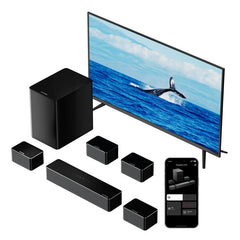 410W 7.1CH Soundbar with 2x Steady 300 Stands Virtual Surround Sound System with 4 Wired Surround Speakers and 6.5" Wireless Subwoofer Home Theater SurroundX Soundbar Subwoofer with 2x Pairs of Steady 300 Surround Speaker Stands