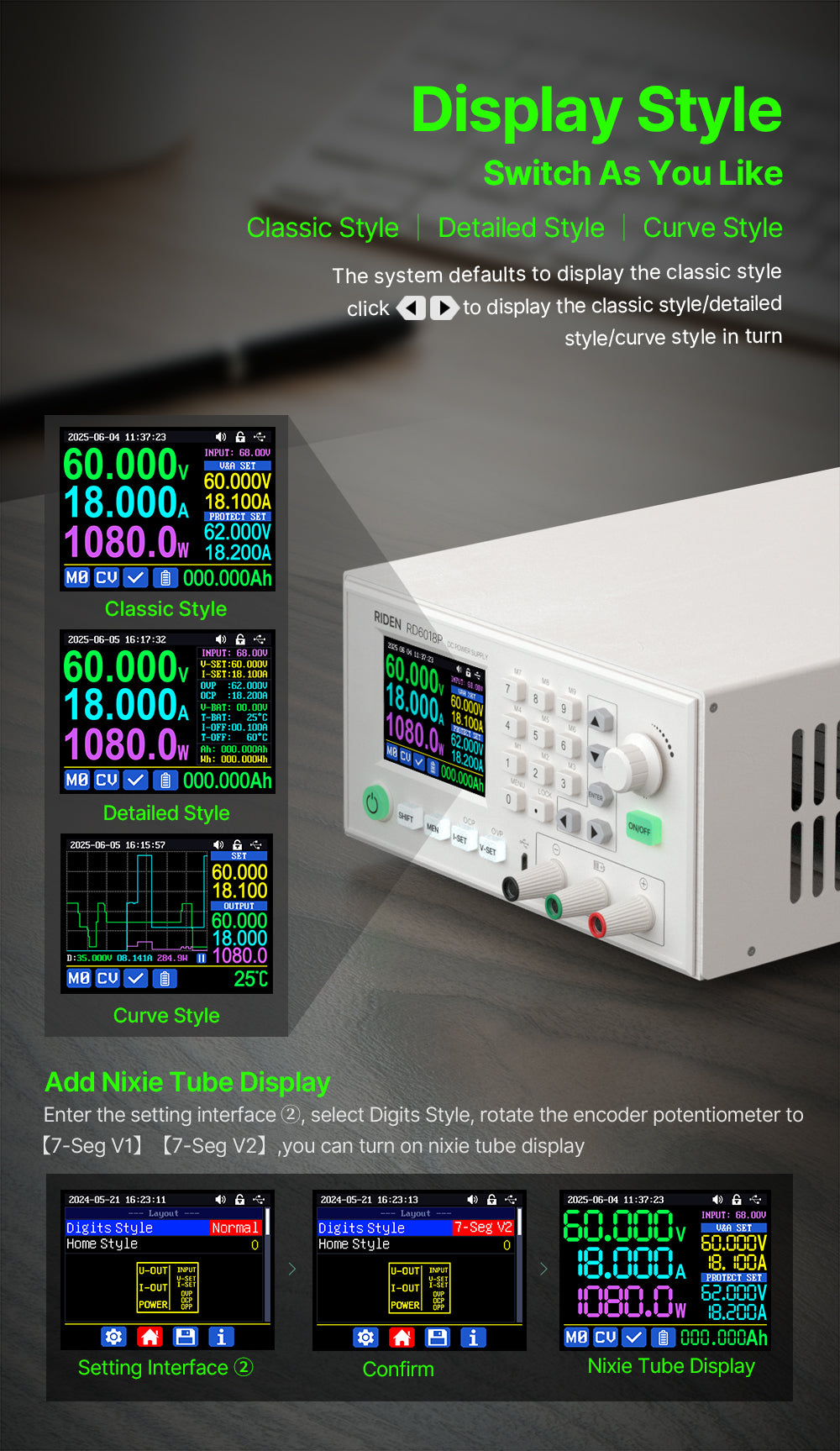 1080W Completed Set 60V 18A AC to DC Digital Adjustable Lab Bench Power Supply for Repair CNC Adjustable DC Regulated Power Supply