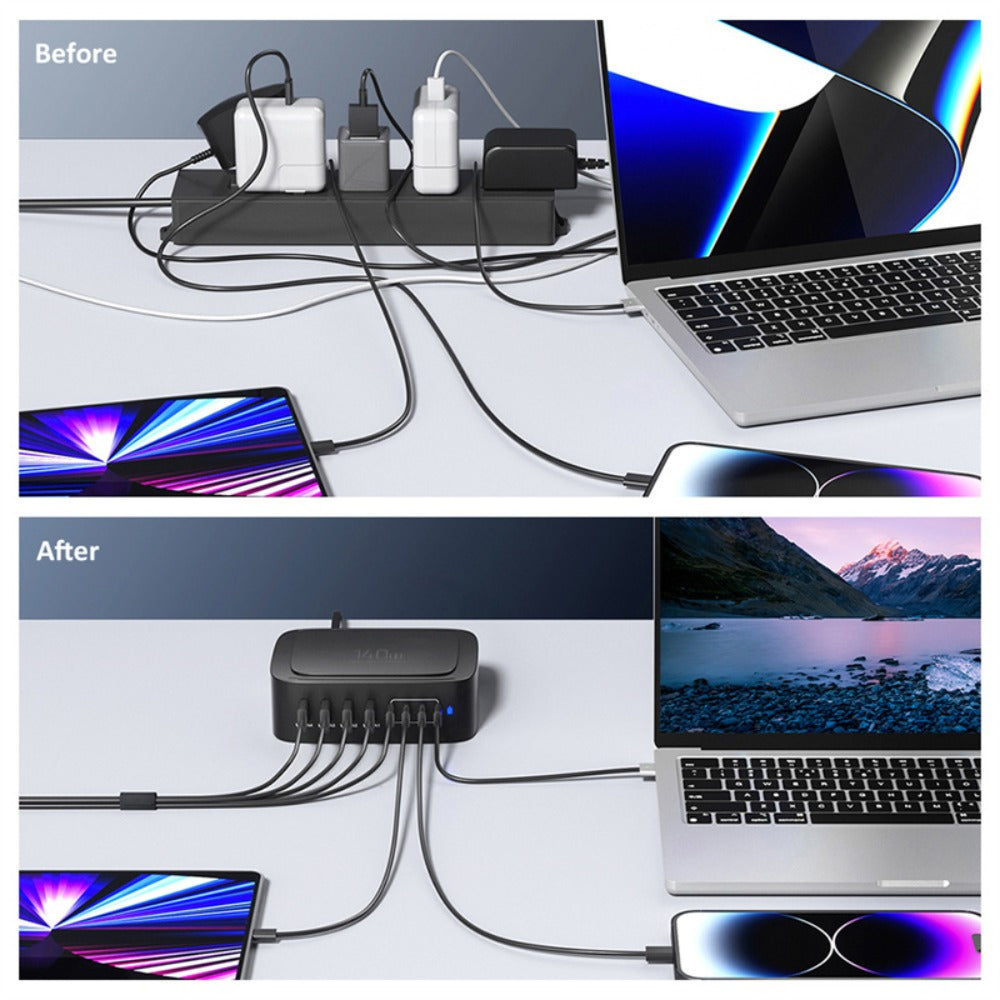 140W Desktop Charging Station with 4 USB-A & 4 USB-C Ports, Fast Charging, EU Plug, Compact & Portable