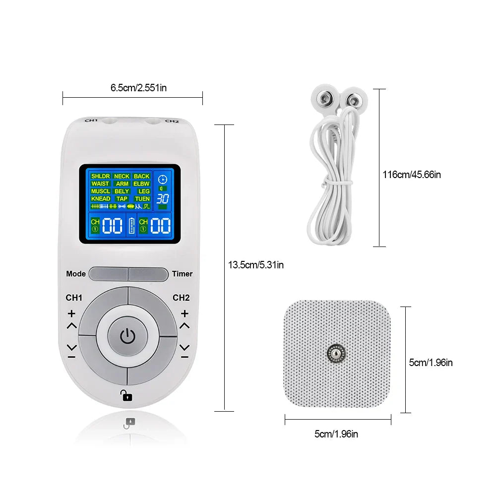 15 Modes TENS EMS Device for Pain Relief & Muscle Relaxation, LCD Display, 2 Channels, Portable, Battery Operated
